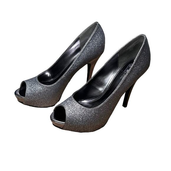 Jacqueline Ferrar Pewter Glitter Platforms with Pewter Stiletto Heels Size 9 1/2 - Picture 1 of 8